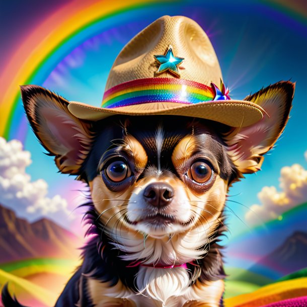 Picture of a chihuahua in a hat on the rainbow