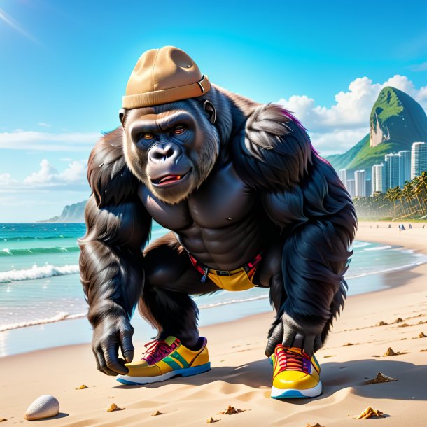 Image of a gorilla in a shoes on the beach