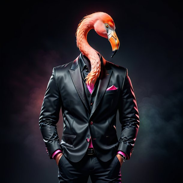 Foto de um flamingo em uma jaqueta preta