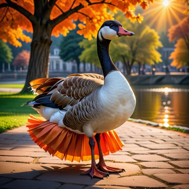 Photo of a goose in a orange skirt