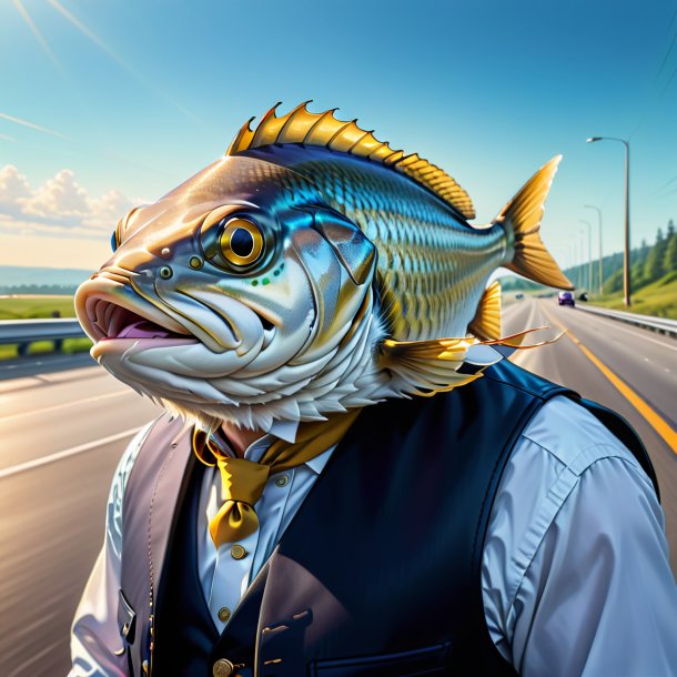 Drawing of a haddock in a vest on the highway