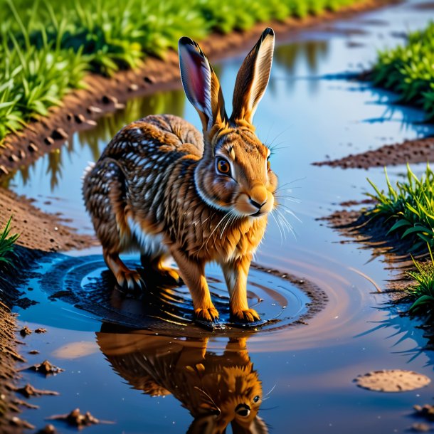 Picture of a drinking of a hare in the puddle