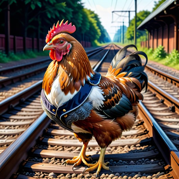 Desenho de uma galinha em um colete nos trilhos ferroviários