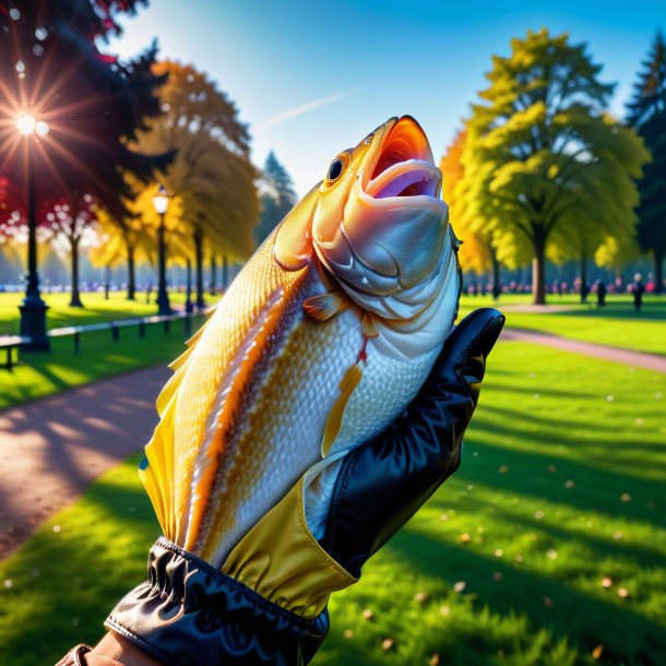 Photo of a haddock in a gloves in the park