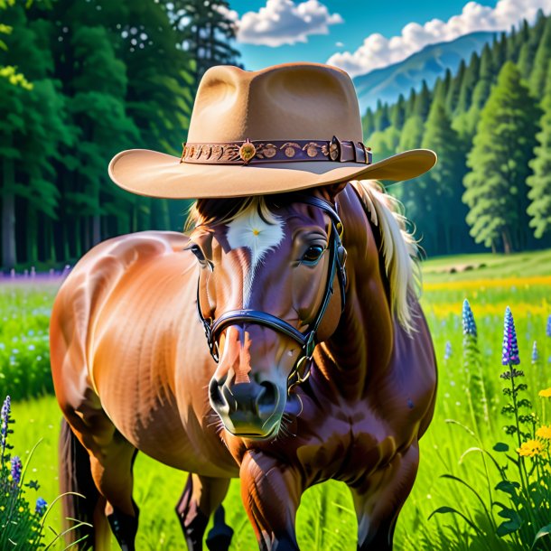 Image of a horse in a hat in the meadow