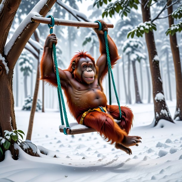 Foto de un balanceo en un columpio de un orangután en la nieve