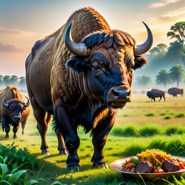 Pic of a eating of a buffalo on the field