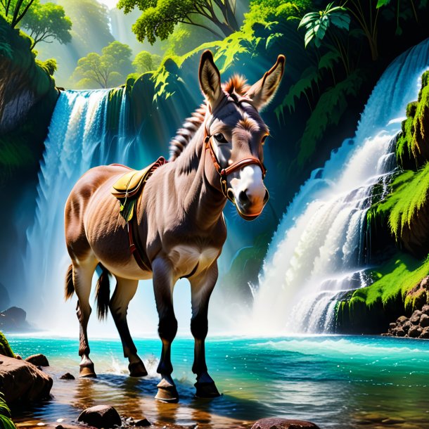 Photo of a donkey in a cap in the waterfall