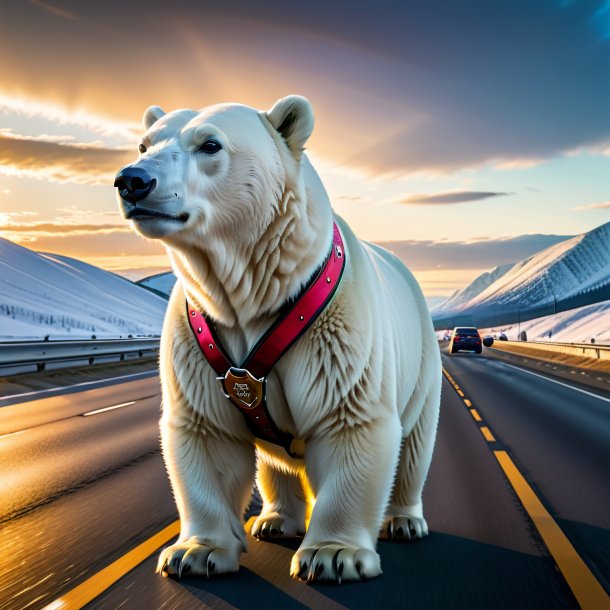 Image of a polar bear in a belt on the highway