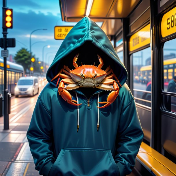 Imagem de um caranguejo em um hoodie no ponto de ônibus