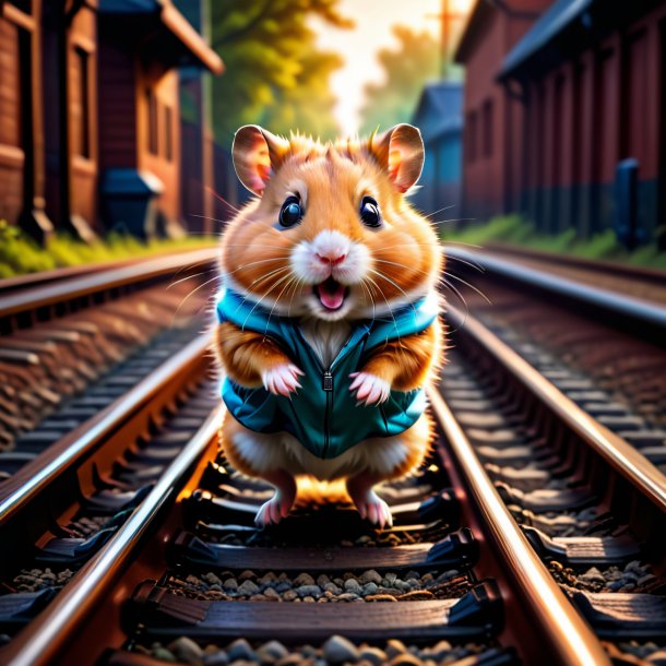 Picture of a jumping of a hamster on the railway tracks