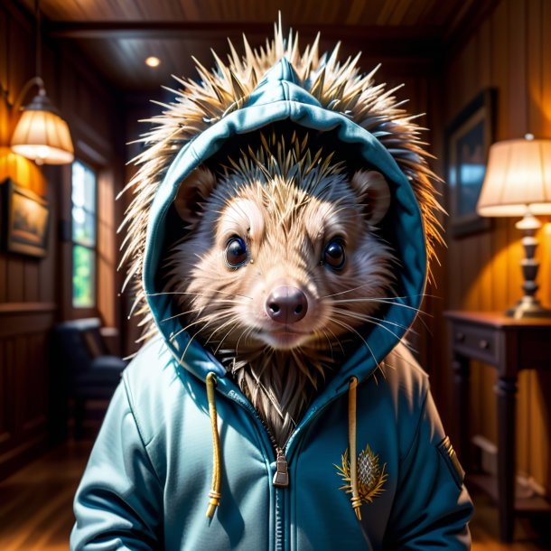 Foto de um porco-espinho em um hoodie na casa