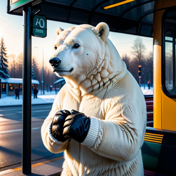 Imagen de un oso polar en guantes en la parada de autobús