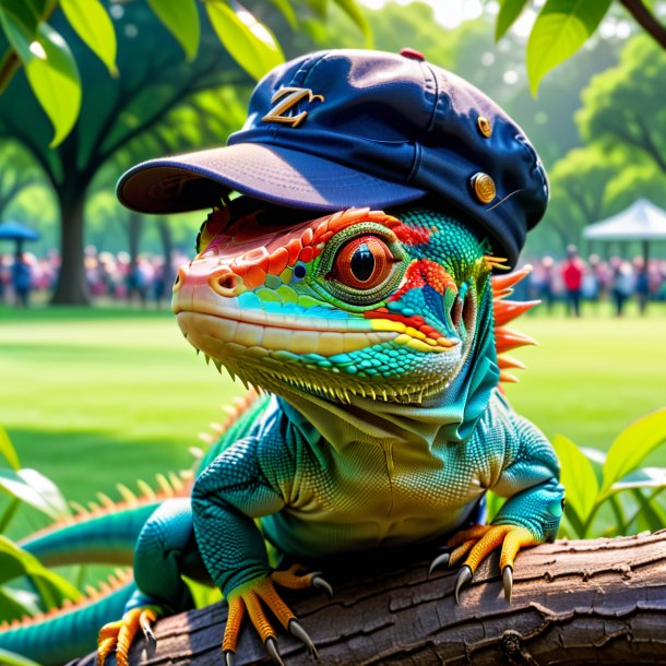 Foto de un lagarto en una gorra en el parque