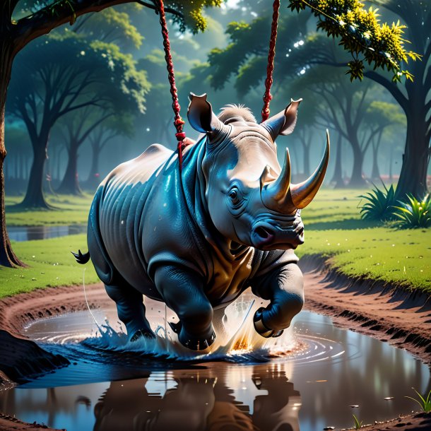 Photo of a swinging on a swing of a rhinoceros in the puddle