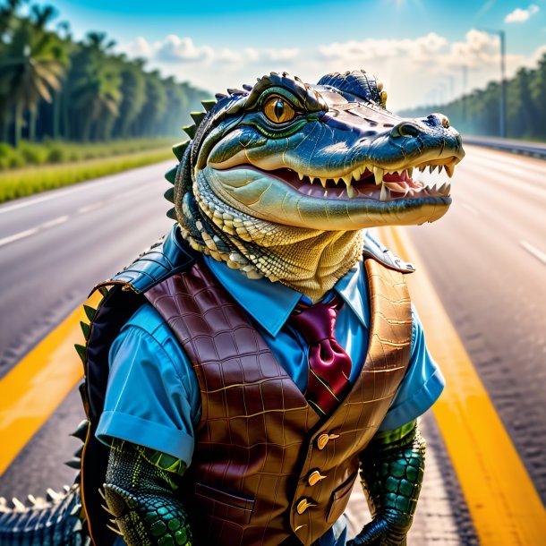 Photo of a alligator in a vest on the highway