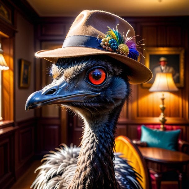 Image of a emu in a hat in the house