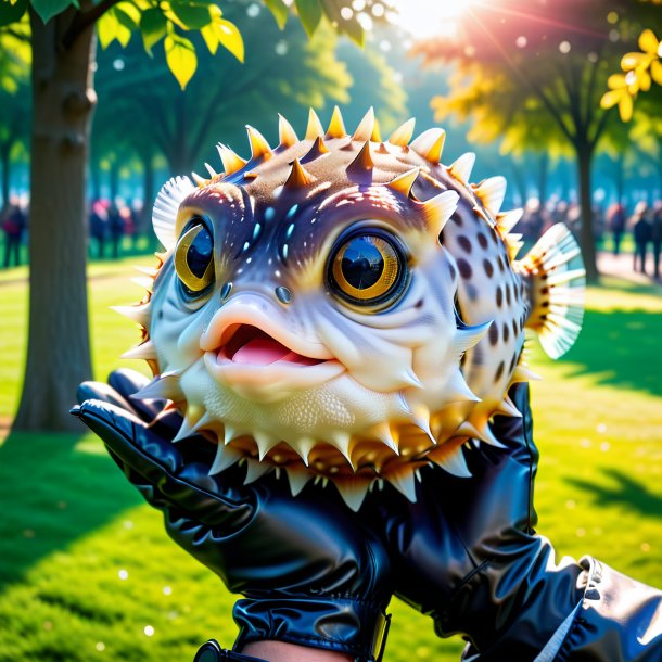 Photo of a pufferfish in a gloves in the park