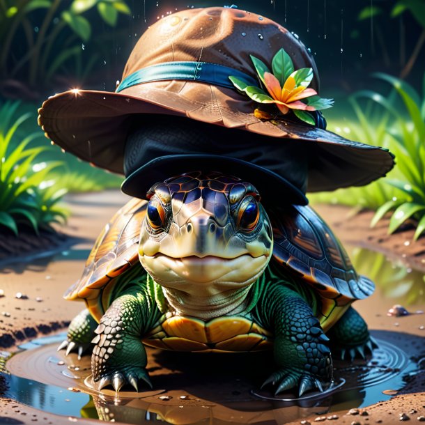 Illustration of a turtle in a hat in the puddle