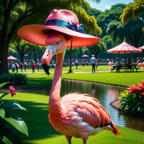 Foto de un flamenco en un sombrero en el parque