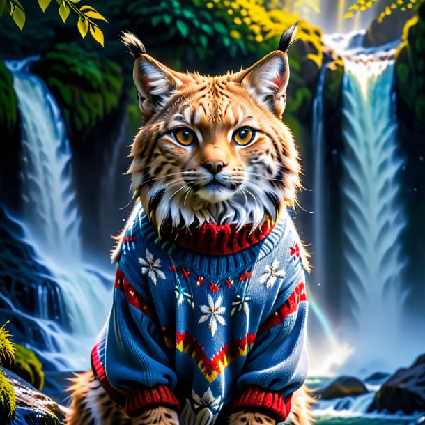 Image of a lynx in a sweater in the waterfall