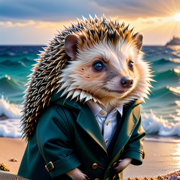 Picture of a hedgehog in a coat in the sea