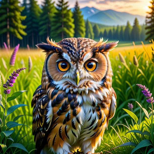 Photo of a smiling of a owl in the meadow