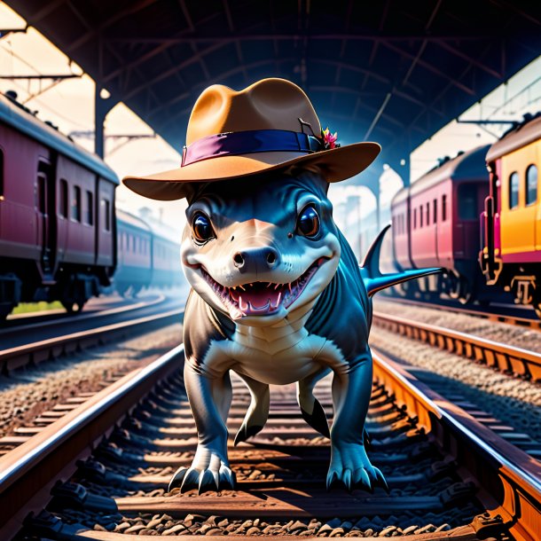 Foto de un tiburón martillo en un sombrero en las vías del ferrocarril