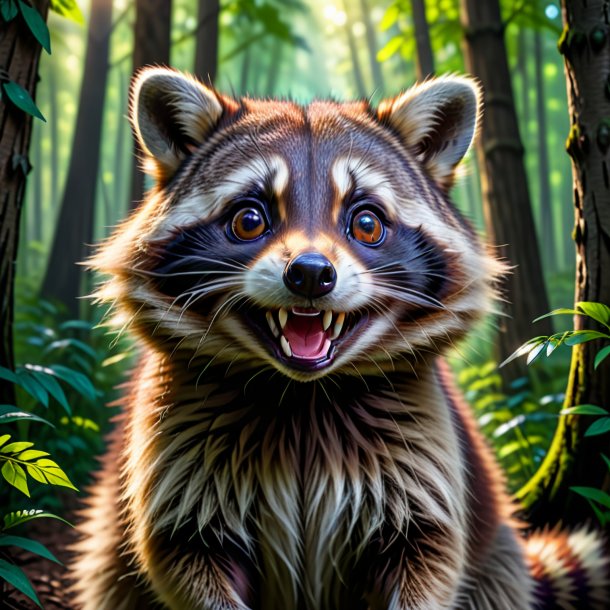 Photo of a smiling of a raccoon in the forest