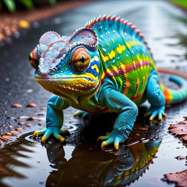 Pic d'un caméléon dans une ceinture dans la flaque