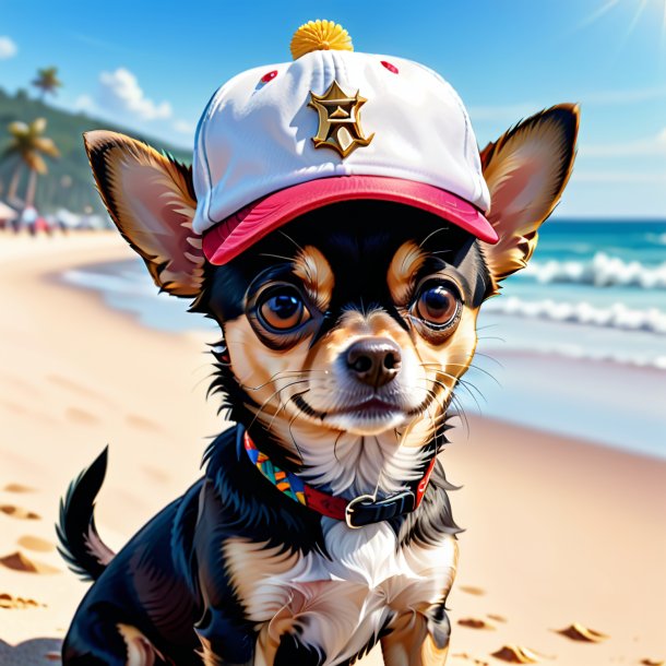 Ilustração de um chihuahua em um boné na praia