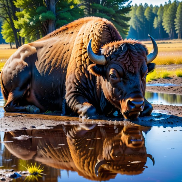 Foto de un descanso de un bisonte en el charco