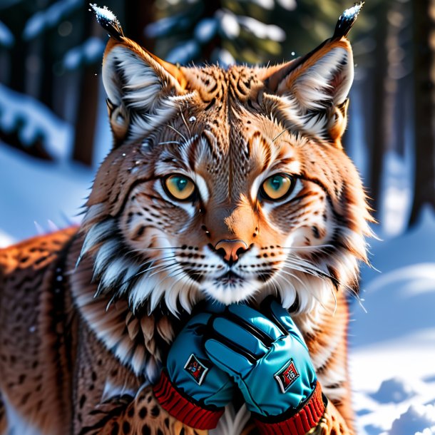 Photo of a lynx in a gloves in the snow