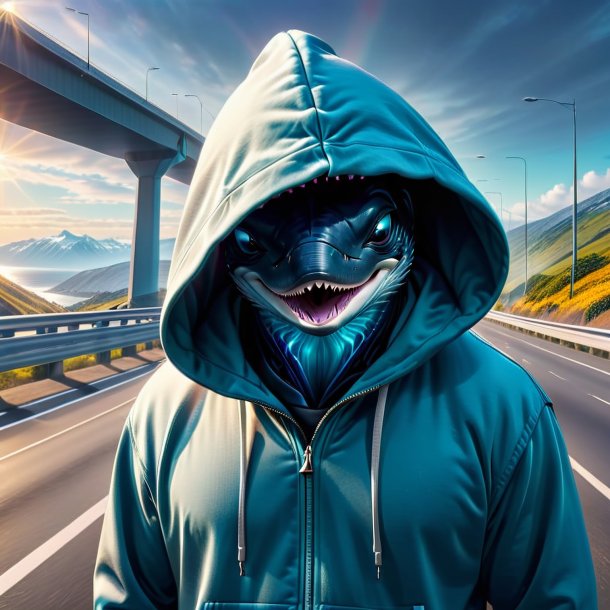 Picture of a whale in a hoodie on the highway