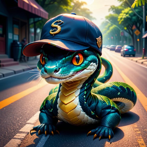 Illustration of a snake in a cap on the road