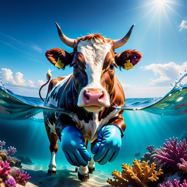 Photo of a cow in a gloves in the sea