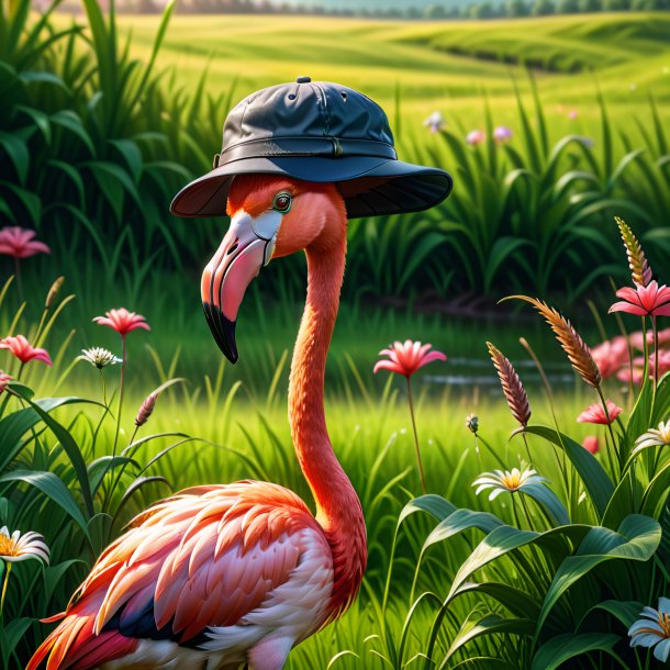 Illustration of a flamingo in a cap in the meadow