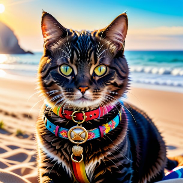 Photo of a cat in a belt on the beach