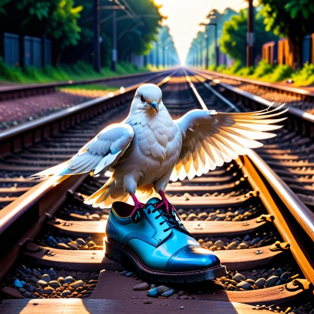 Imagem de uma pomba em um sapato nos trilhos ferroviários