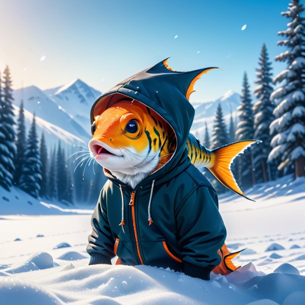 Imagem de um peixe em um hoodie na neve