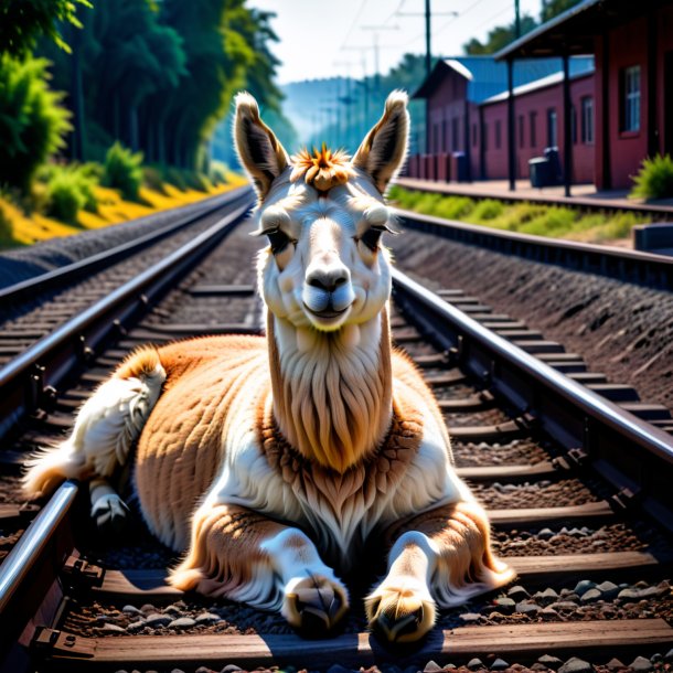 Foto de um sono de uma lhama nos trilhos ferroviários