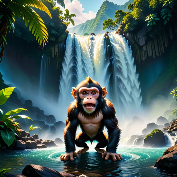 Pic of a threatening of a monkey in the waterfall