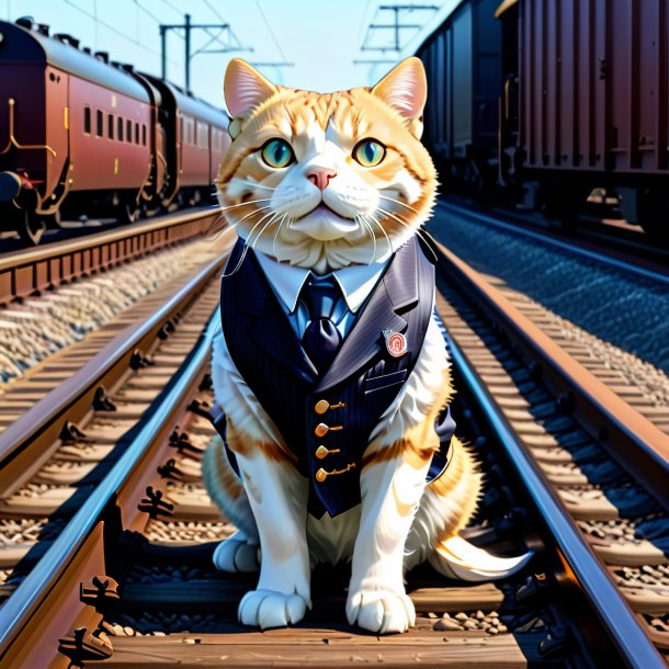 Drawing of a haddock in a vest on the railway tracks