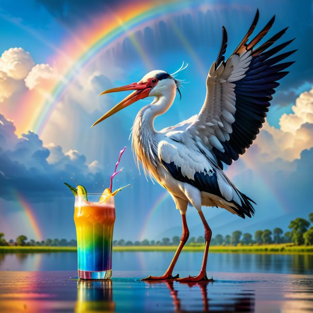 Photo of a drinking of a stork on the rainbow