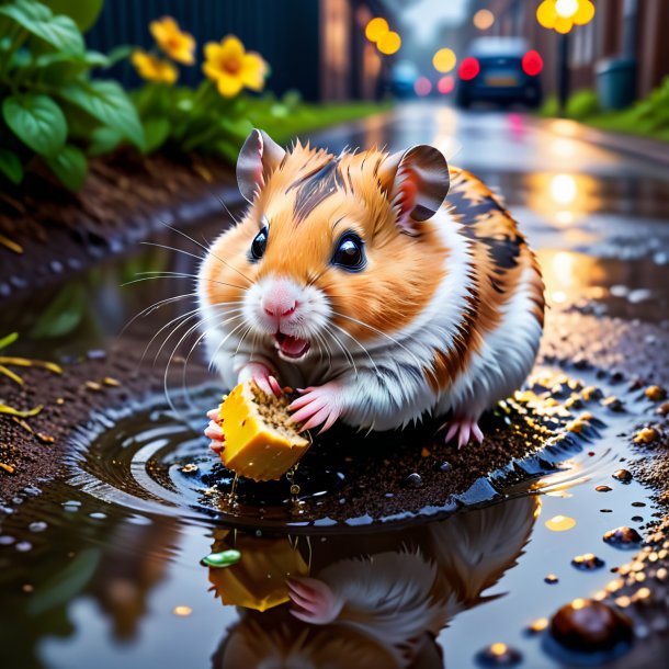 Picture of a eating of a hamster in the puddle