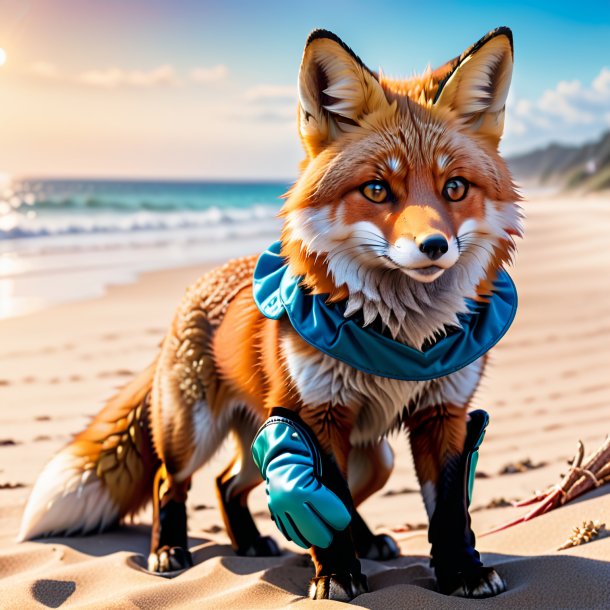 Image of a fox in a gloves on the beach