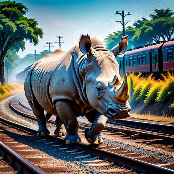 Imagen de una comida de un rinoceronte en las vías del ferrocarril