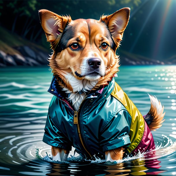 Illustration of a dog in a jacket in the water