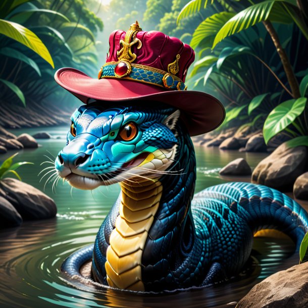 Illustration of a king cobra in a hat in the river