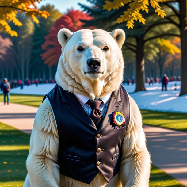 Foto de un oso polar en un chaleco en el parque